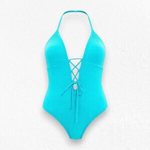 Lucky Brand Teal Golden Wave Lace-Up Deep V-Neck One Piece Swimsuit Size Medium
